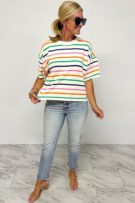 Striped Knit Short Sleeve Pullover - Image 5