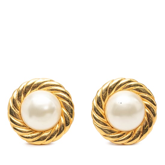 Pre-owned Gold Plated Faux Pearl Round Button Clip On Earrings - Image 1
