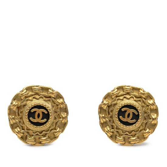 Pre-owned Cc Gold Plated Enamel Round Clip On Earrings - Image 1