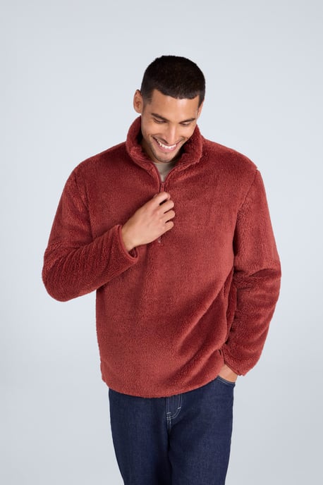 Men's Fleece Teddy Sweater with Pockets Half Zip Warm Cosy Casual Jacket Red - Image 1