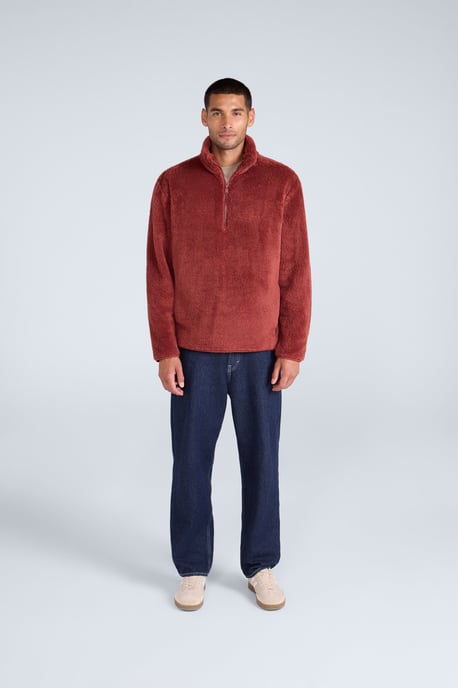 Men's Fleece Teddy Sweater with Pockets Half Zip Warm Cosy Casual Jacket Red - Image 2