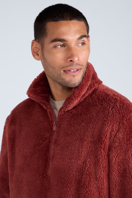 Men's Fleece Teddy Sweater with Pockets Half Zip Warm Cosy Casual Jacket Red - Image 3