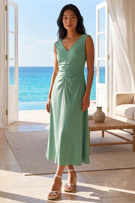 Petite V-Neck Ruched Stretch Midi Dress - Image 3