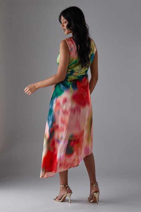Printed Satin Sleeveless Knot Front Asymmetric Hem Midi Dress - Image 3