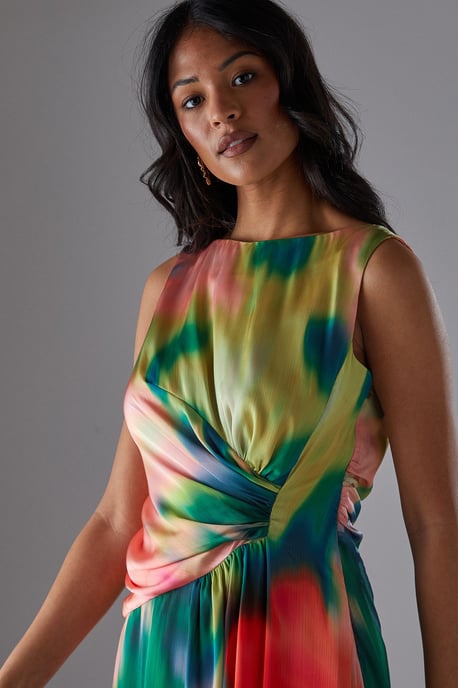 Printed Satin Sleeveless Knot Front Asymmetric Hem Midi Dress - Image 4