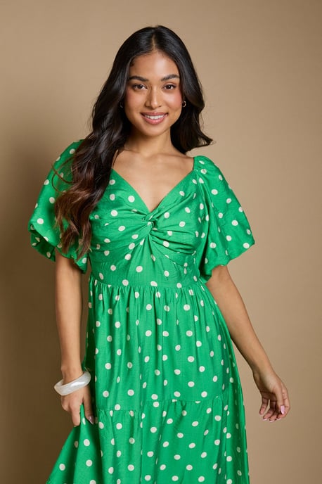 Petite Spot Twist Front Puff Sleeve Midi Dress - Image 4