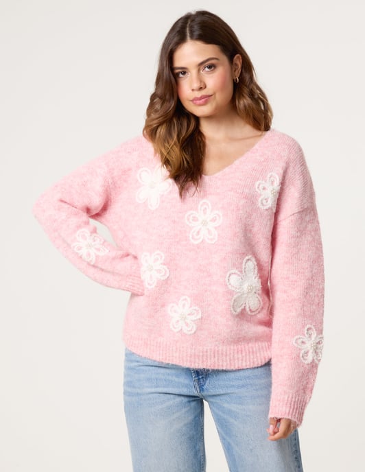V Neck Flower And Pearl Jumper - Image 1