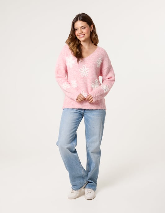 V Neck Flower And Pearl Jumper - Image 3