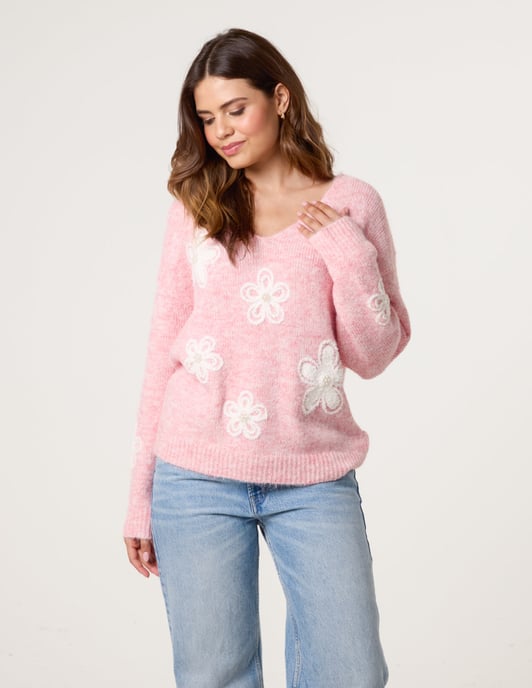 V Neck Flower And Pearl Jumper - Image 4