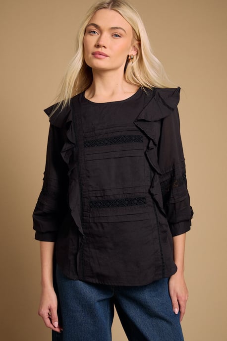 Trim Detail Frill Shoulder Crew Neck Blouse - Image 4