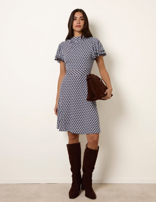 High Neck Angel Sleeve Mini Dress - Image 1