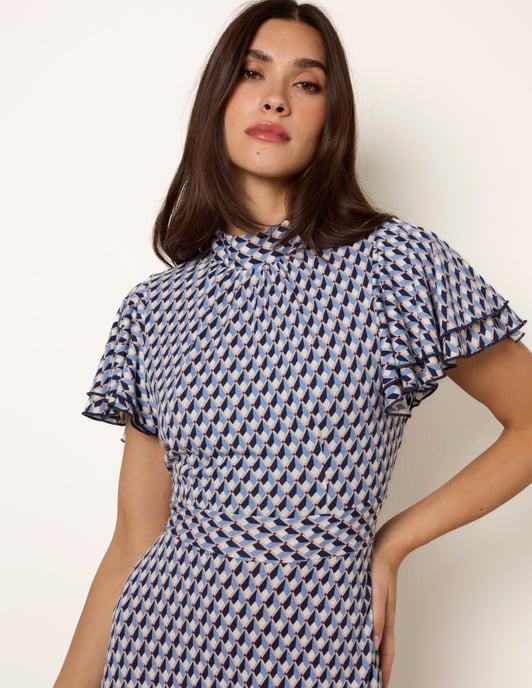 High Neck Angel Sleeve Mini Dress - Image 3