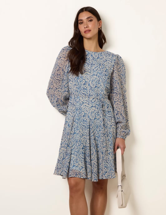Puff Sleeve Godet Dress With Self Tie - Image 3