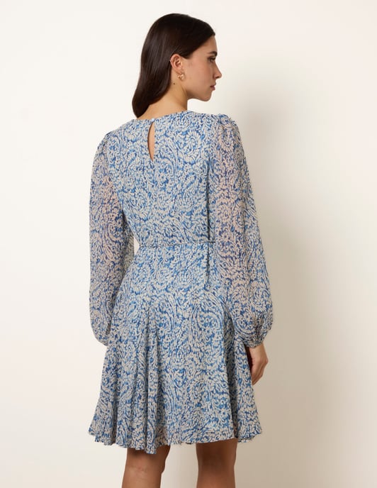 Puff Sleeve Godet Dress With Self Tie - Image 4