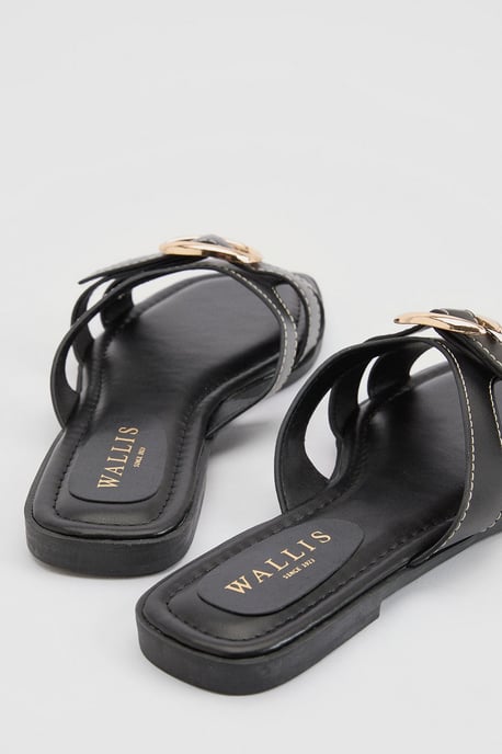 Becky Faux Leather Cross Strap Metal Detail Flat Sliders - Image 2