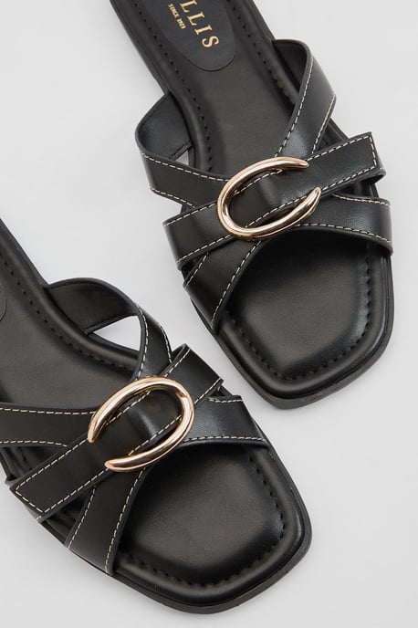 Becky Faux Leather Cross Strap Metal Detail Flat Sliders - Image 3