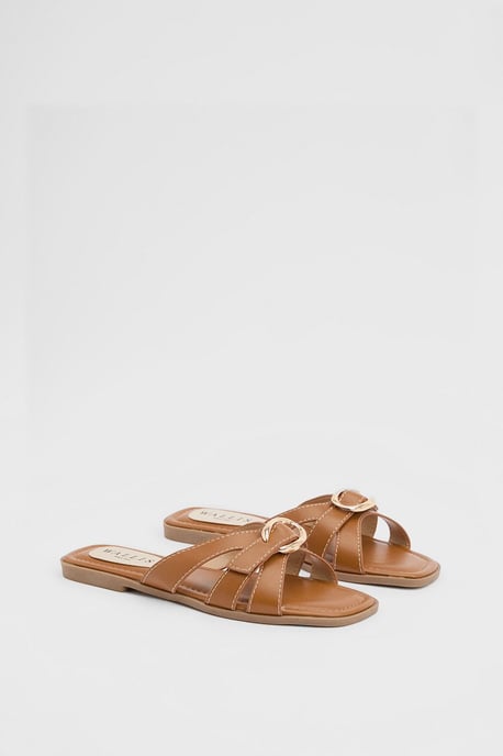 Becky Faux Leather Cross Strap Metal Detail Flat Sliders - Image 1