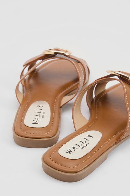 Becky Faux Leather Cross Strap Metal Detail Flat Sliders - Image 2