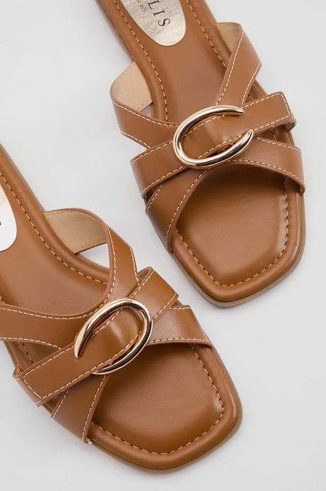 Becky Faux Leather Cross Strap Metal Detail Flat Sliders - Image 3