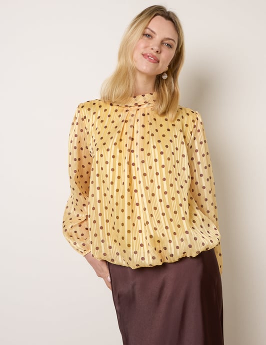 Polka Dot Cowl Neck Puffball Blouse - Image 1