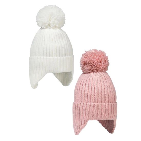 Minoti Meisjes Pom Pom Ribbed Beanie Set (Set van 2) (Wit/Roze) - Image 1