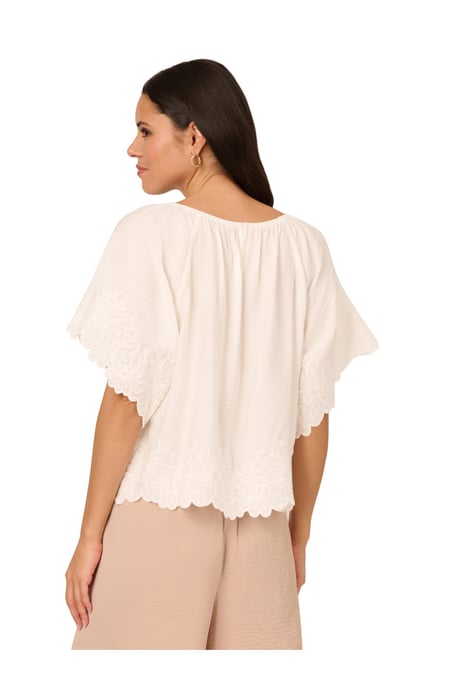 Boat Neck Crinkled Woven Embroidered Floral Hem Top - Image 2