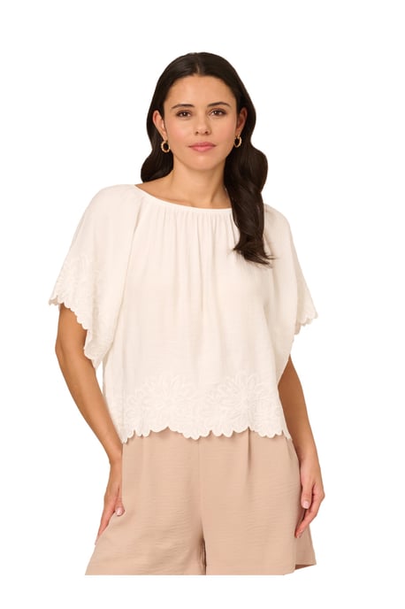 Boat Neck Crinkled Woven Embroidered Floral Hem Top - Image 3