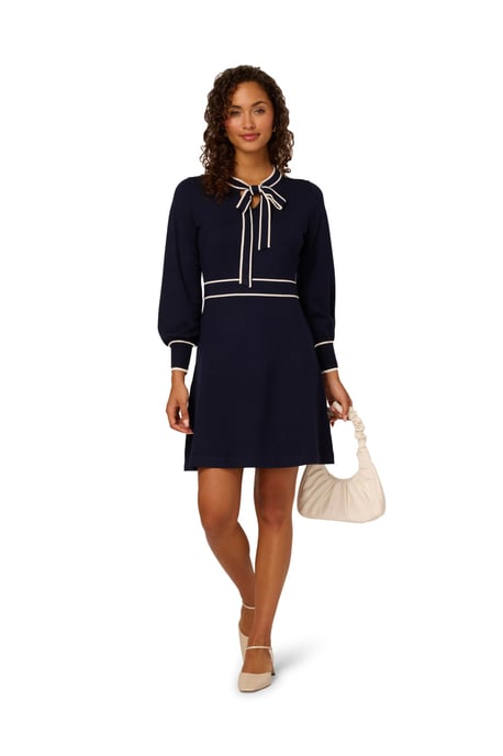 Tie Neck Tipped Fit And Flare Knee Length Sweater Dress - Image 1