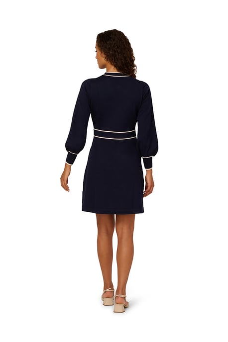 Tie Neck Tipped Fit And Flare Knee Length Sweater Dress - Image 2