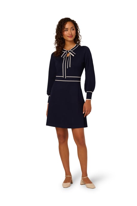 Tie Neck Tipped Fit And Flare Knee Length Sweater Dress - Image 3