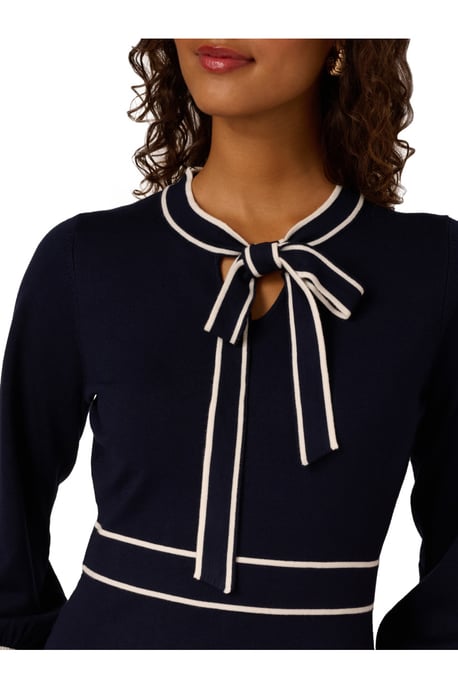 Tie Neck Tipped Fit And Flare Knee Length Sweater Dress - Image 4