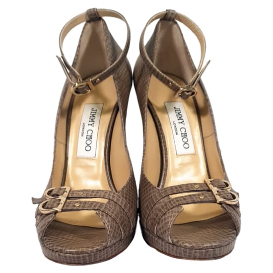 Jimmy Choo Textured Peep-Toe Ankle Strap Pumps in Brown Leather - Image 2