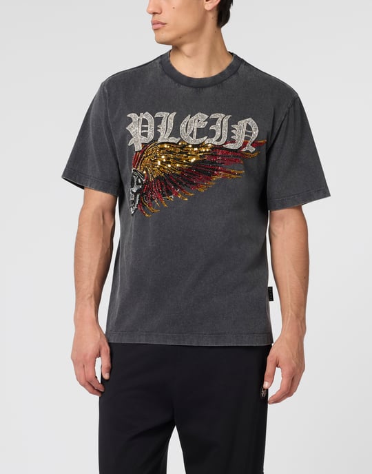 Tvättad rundhalsad t-shirt med örnskalle och dödskalle - Image 2