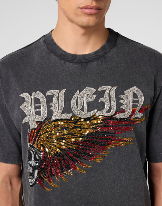 Tvättad rundhalsad t-shirt med örnskalle och dödskalle - Image 3