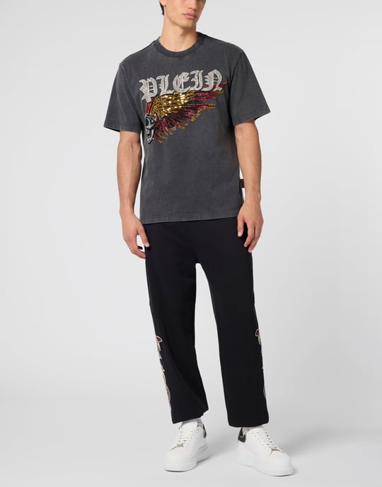 Tvättad rundhalsad t-shirt med örnskalle och dödskalle - Image 4