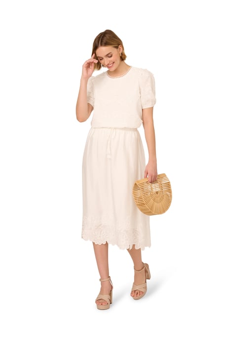 Midi Length Crinkled Pull On Flower Embroidered Hem Skirt - Image 1
