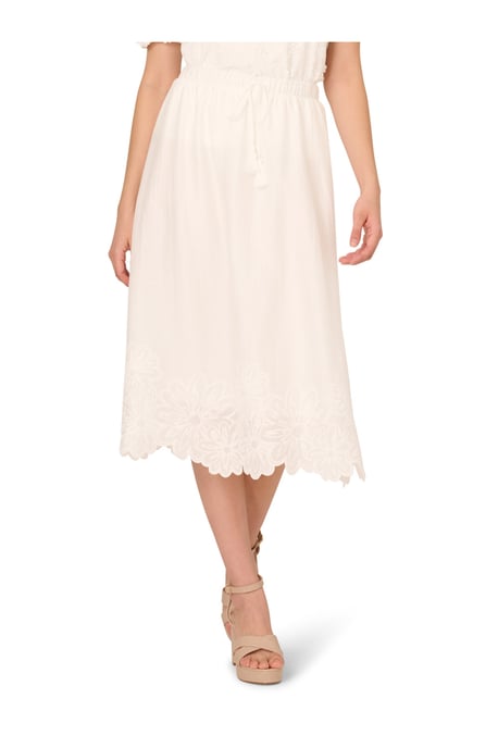 Midi Length Crinkled Pull On Flower Embroidered Hem Skirt - Image 3