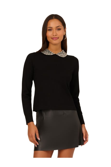 Embellished Polo Collar Long Sleeve Pullover Sweater - Image 3