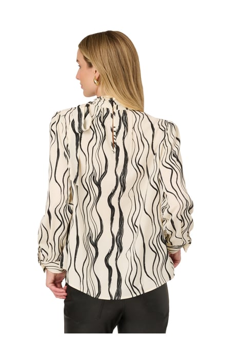 Shirred Bow Tie Neck Printed Woven Blouse With Pleats - Image 2