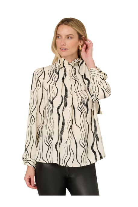 Shirred Bow Tie Neck Printed Woven Blouse With Pleats - Image 3