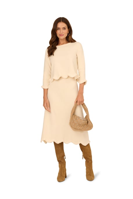 Pull On A-Line Sweater Midi Skirt With Wavy Fringe Hem - Image 1
