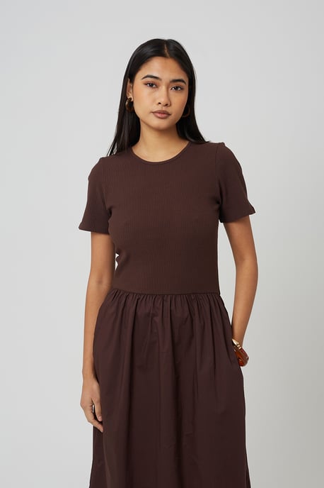 Chocolate Crew Neck Jersey And Poplin Mix Maxi Dress - Image 3