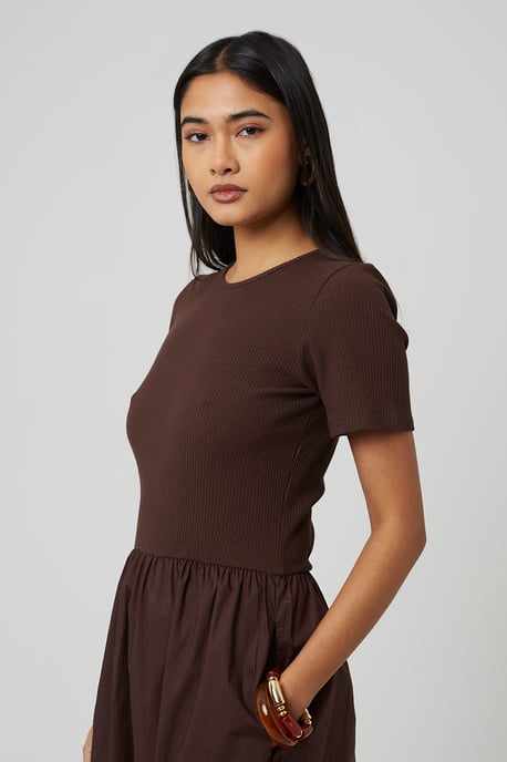 Chocolate Crew Neck Jersey And Poplin Mix Maxi Dress - Image 4