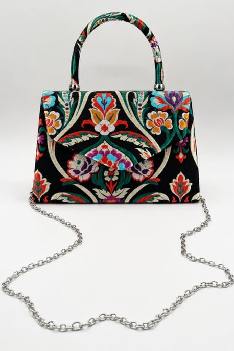 Floral Satin Embroidered Top Handle Bag in Black - Image 3