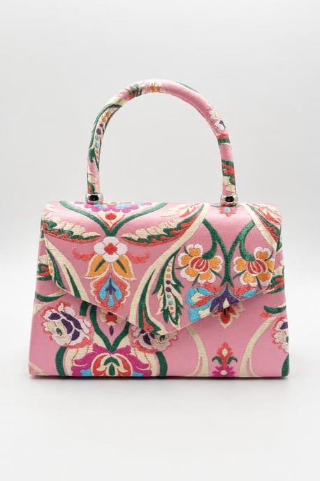 Floral Satin Embroidered Top Handle Bag in Pink - Image 1
