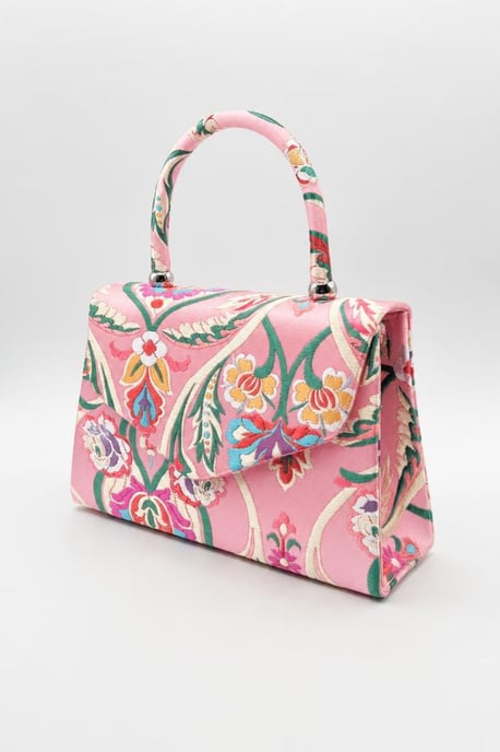 Floral Satin Embroidered Top Handle Bag in Pink - Image 2