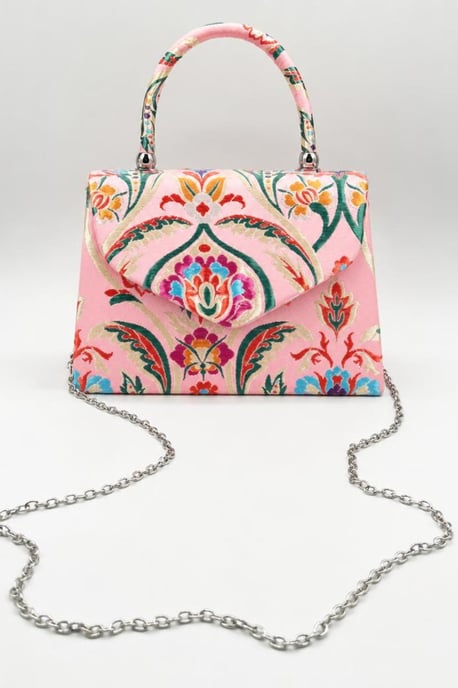Floral Satin Embroidered Top Handle Bag in Pink - Image 3