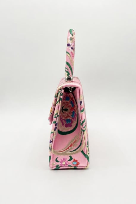 Floral Satin Embroidered Top Handle Bag in Pink - Image 4