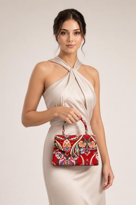 Floral Satin Embroidered Top Handle Bag in Pink - Image 5