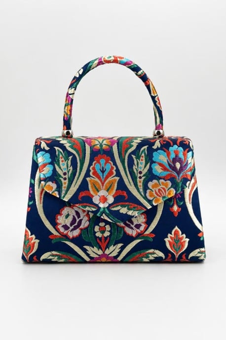 Floral Satin Embroidered Top Handle Bag in Navy - Image 1